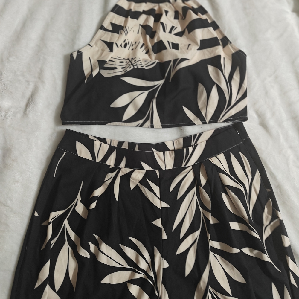Two-Piece Black & Cream Leaf Print Crop Top and Pants Set